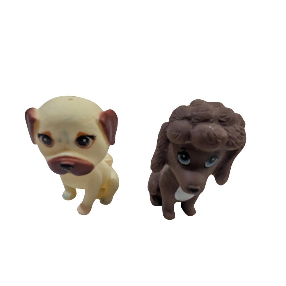 Vintage Rubber Miniature Dog Figurines Set Pug and Poodle Brown Cream 3.5 Inch